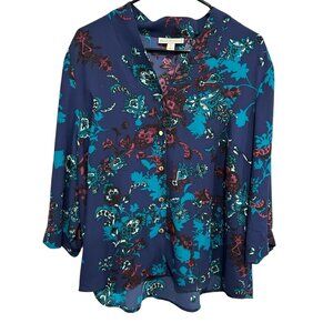 Dana Buchman Womens Floral Button-Down Blouse Blue Teal Sz XL